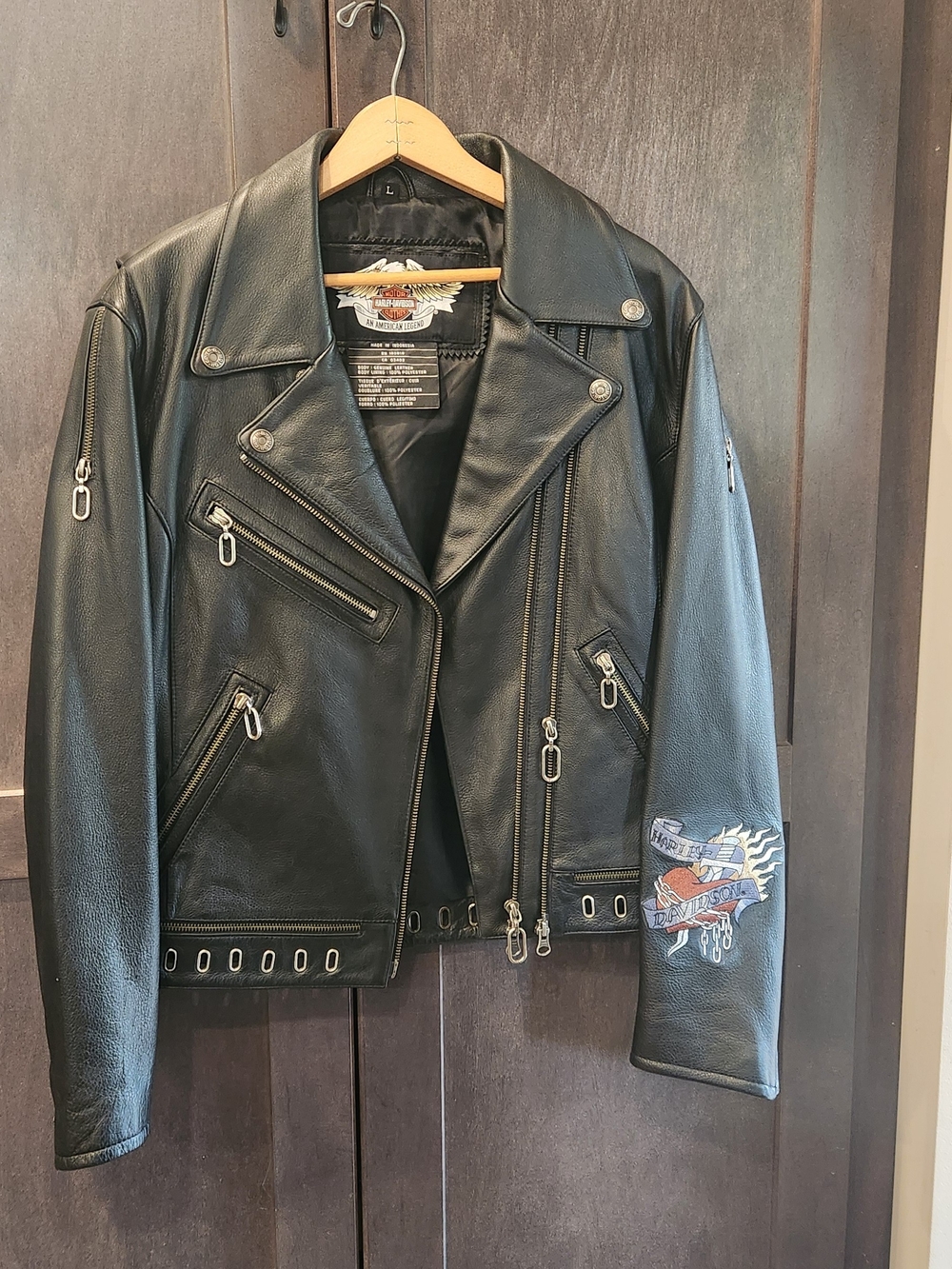 Womens Harley-Davidson Black Leather Moto Jacket w/ Sleeve Patch -Size L